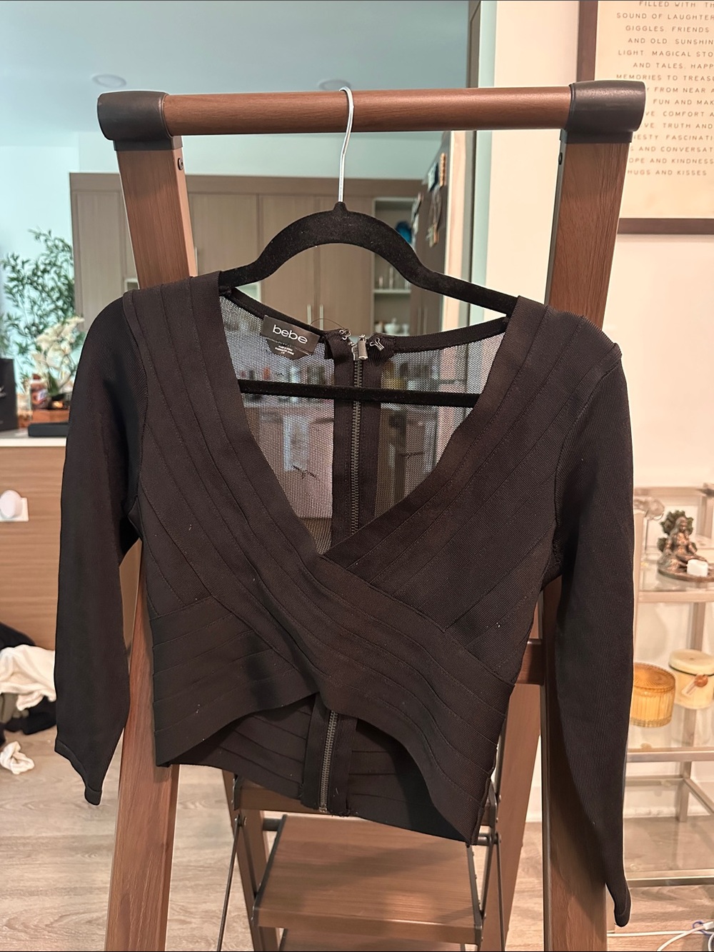 bebe Black Wrap-Front Bandage Crop Top